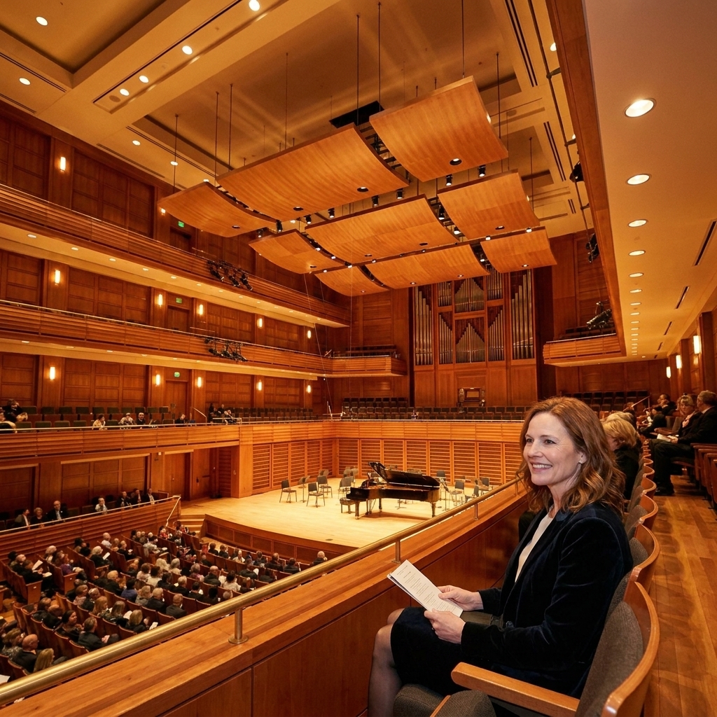 A large performance hall interior with multiple seating levels, warm wood finishes, and suspended ceiling elements above the stage