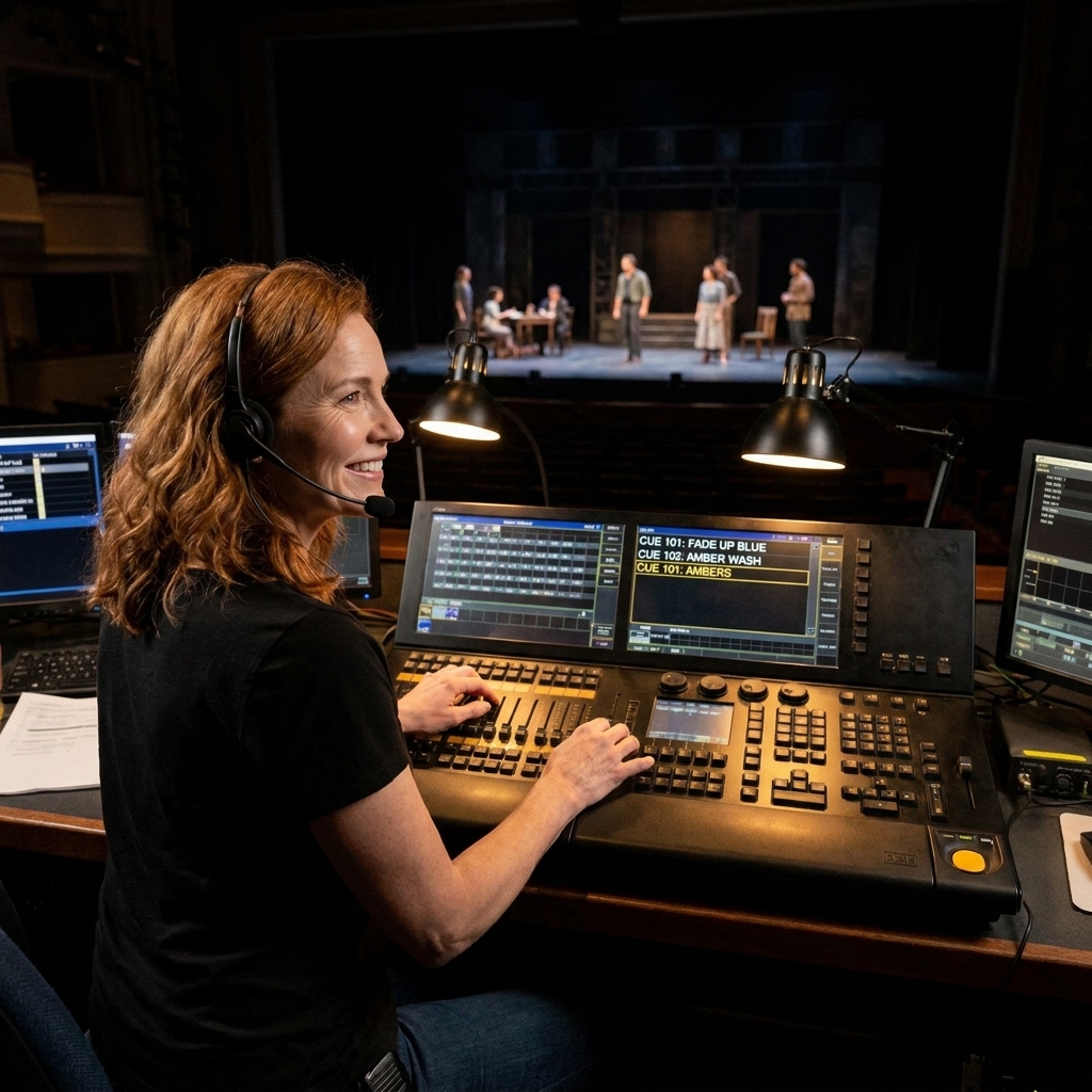 A lighting programmer seated at a theatre lighting console during technical rehearsal, with cue numbers on monitors and a dimly lit stage visible in the distance
