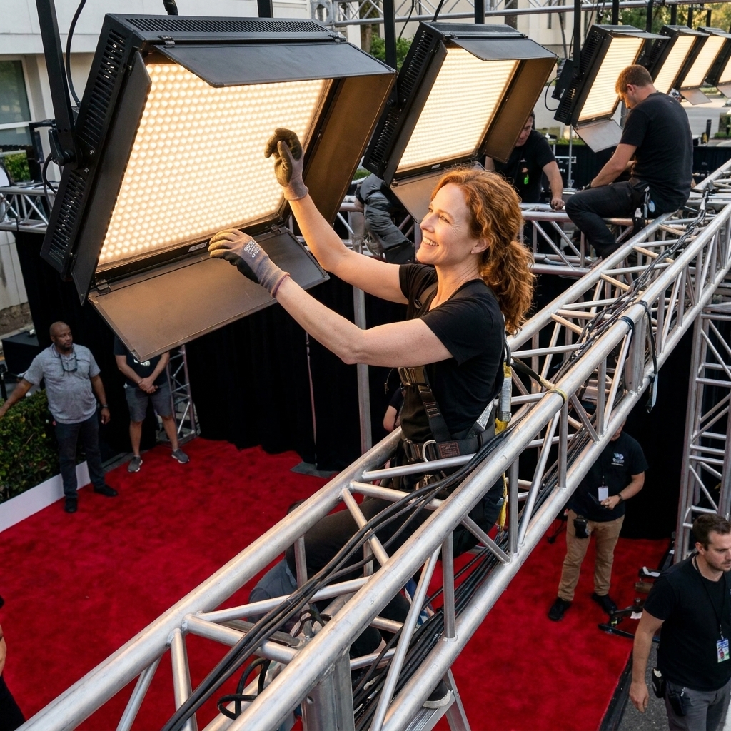 A lighting rig above a red carpet area with softened LED panels, rigging truss, and crew members adjusting fixtures before the event