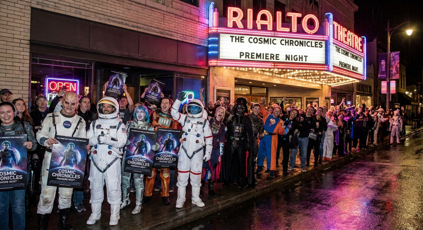 A line of excited moviegoers outside a theater entrance at night, some holding posters and wearing themed outfits