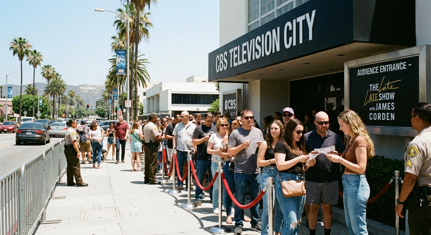 A line of ticketed audience members waiting outside a television studio entrance in Los Angeles, with security stanchions and studio signage visible