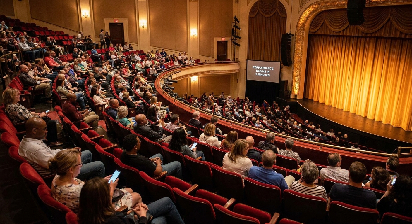 A live audience seated in a mid-size theater, looking toward a brightly lit stage just before the performance begins