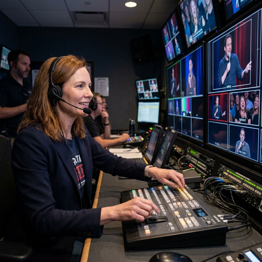 A live production control room during a comedy show, with a technical director at a video switcher and multiple monitors showing different camera angles of the stage and audience