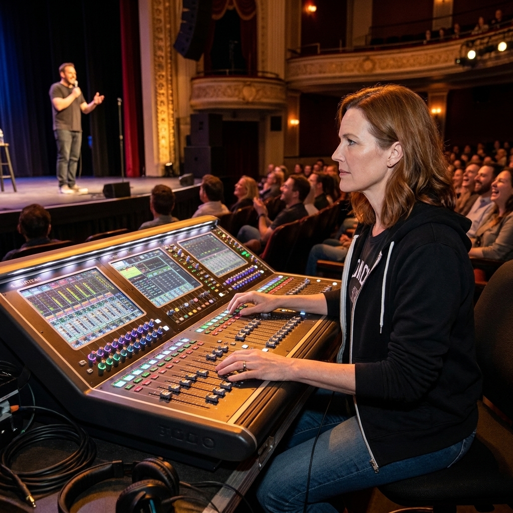 A live sound engineer at a mixing console in a theater during a stand-up performance, with faders, meters, and the stage visible in the distance