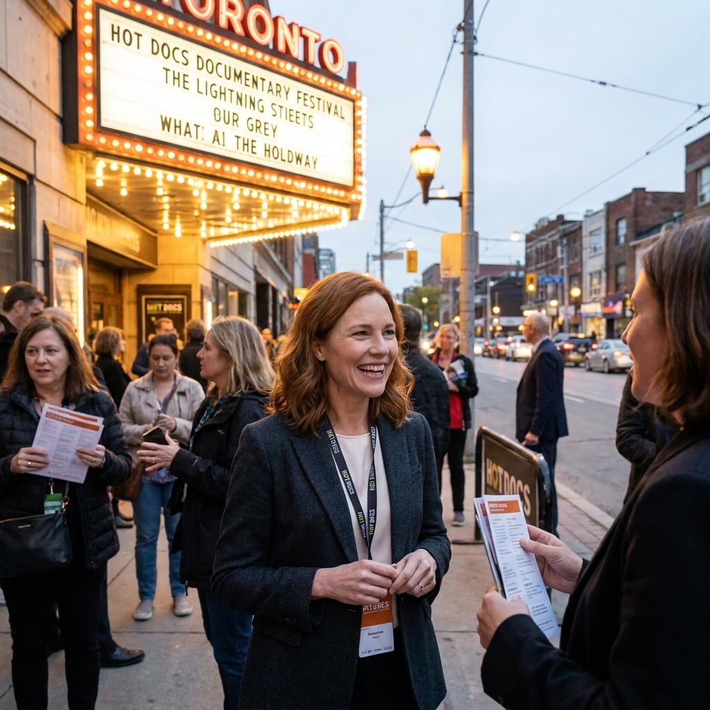 A lively street outside a Toronto theater during Hot Docs, with attendees chatting under marquee lights in early evening