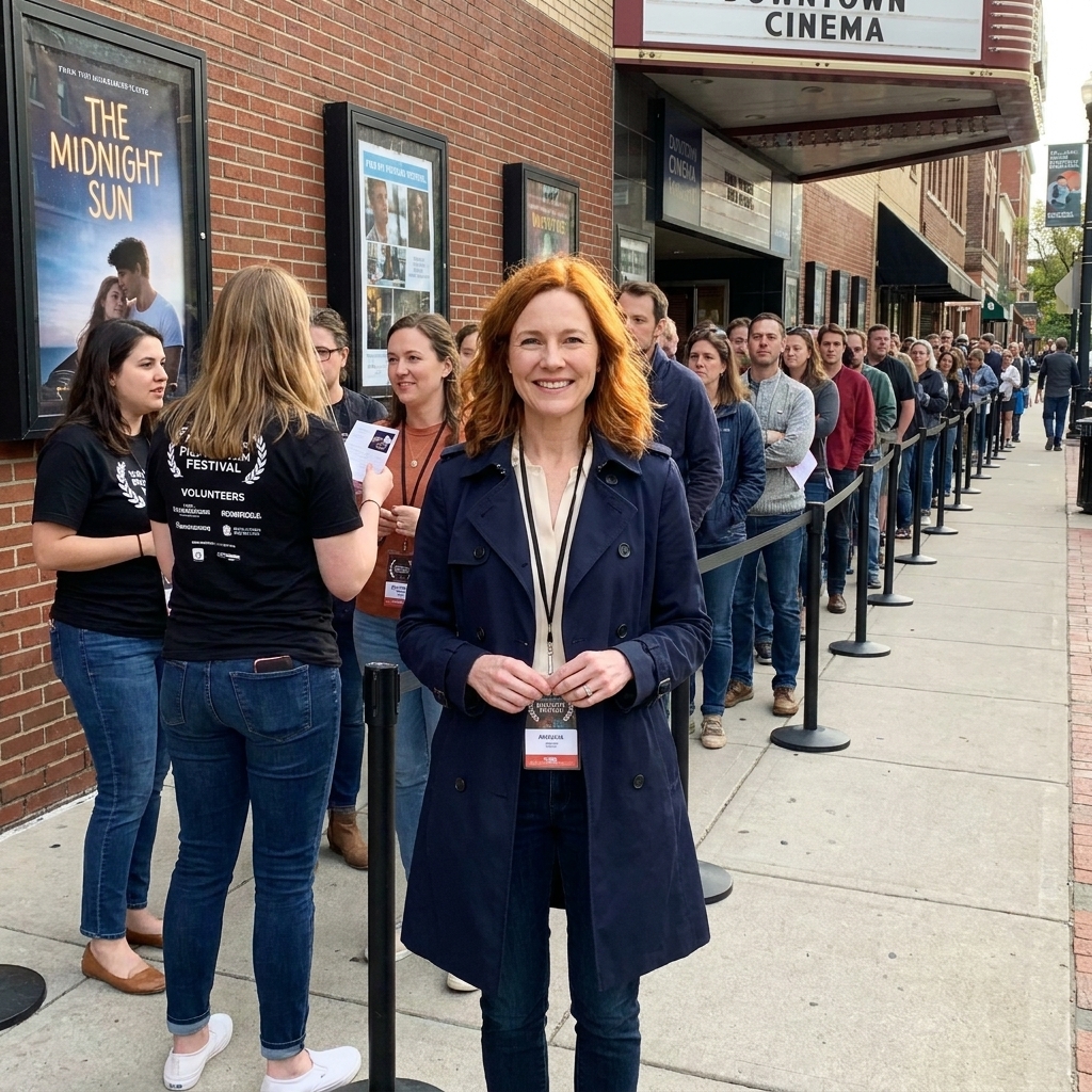 A long line of attendees outside a downtown cinema during a major film festival, with volunteers managing stanchions and posters visible nearby