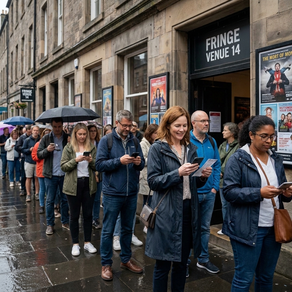 A long queue of festival attendees waiting outside a Fringe venue entrance in Edinburgh, with people holding phones and paper tickets in light rain