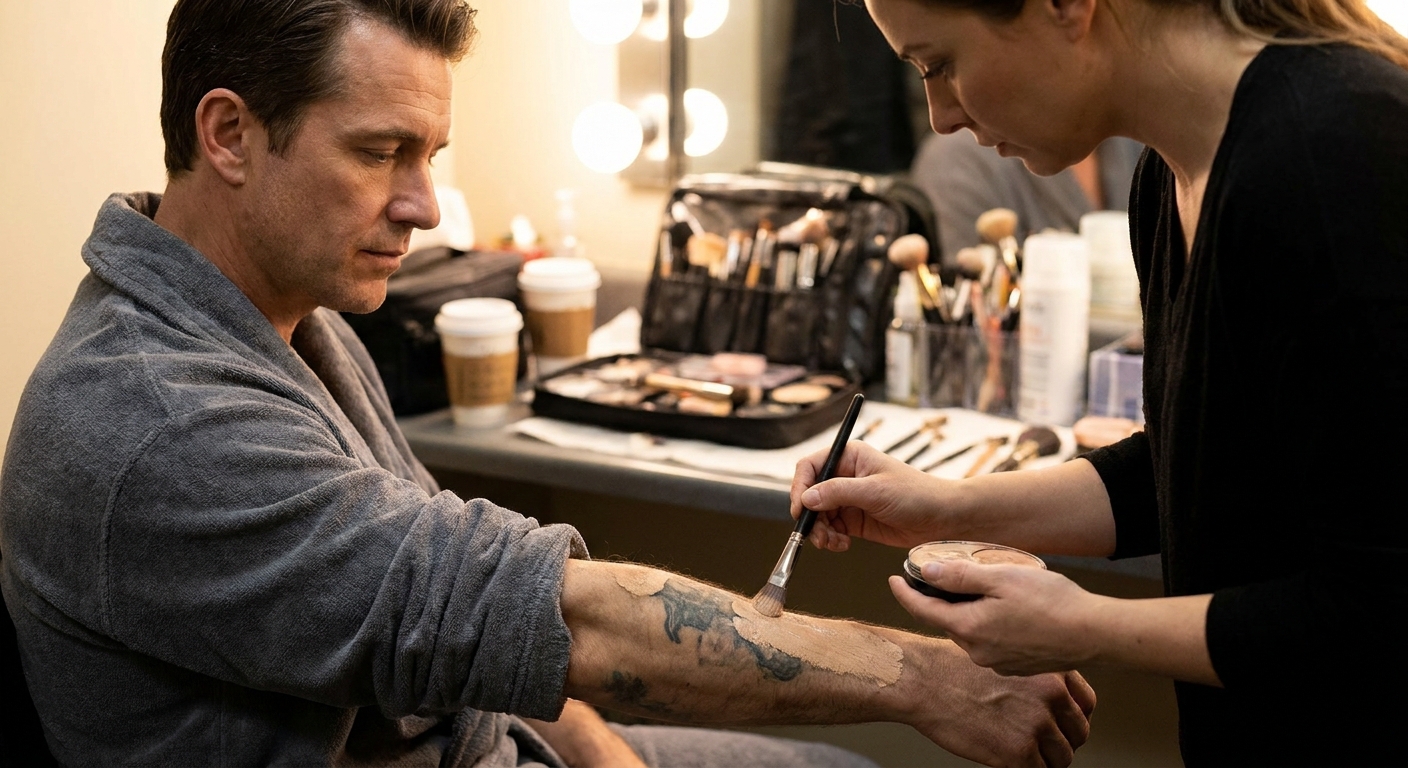 A makeup artist applying body makeup to cover a tattoo on an actor’s forearm under bright dressing room lights
