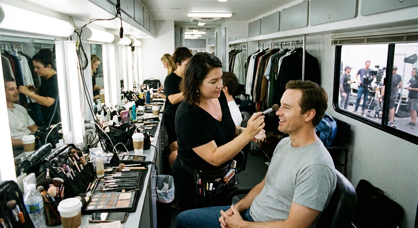 A makeup artist applying light powder to a background actor seated in a busy hair and makeup trailer on a film set