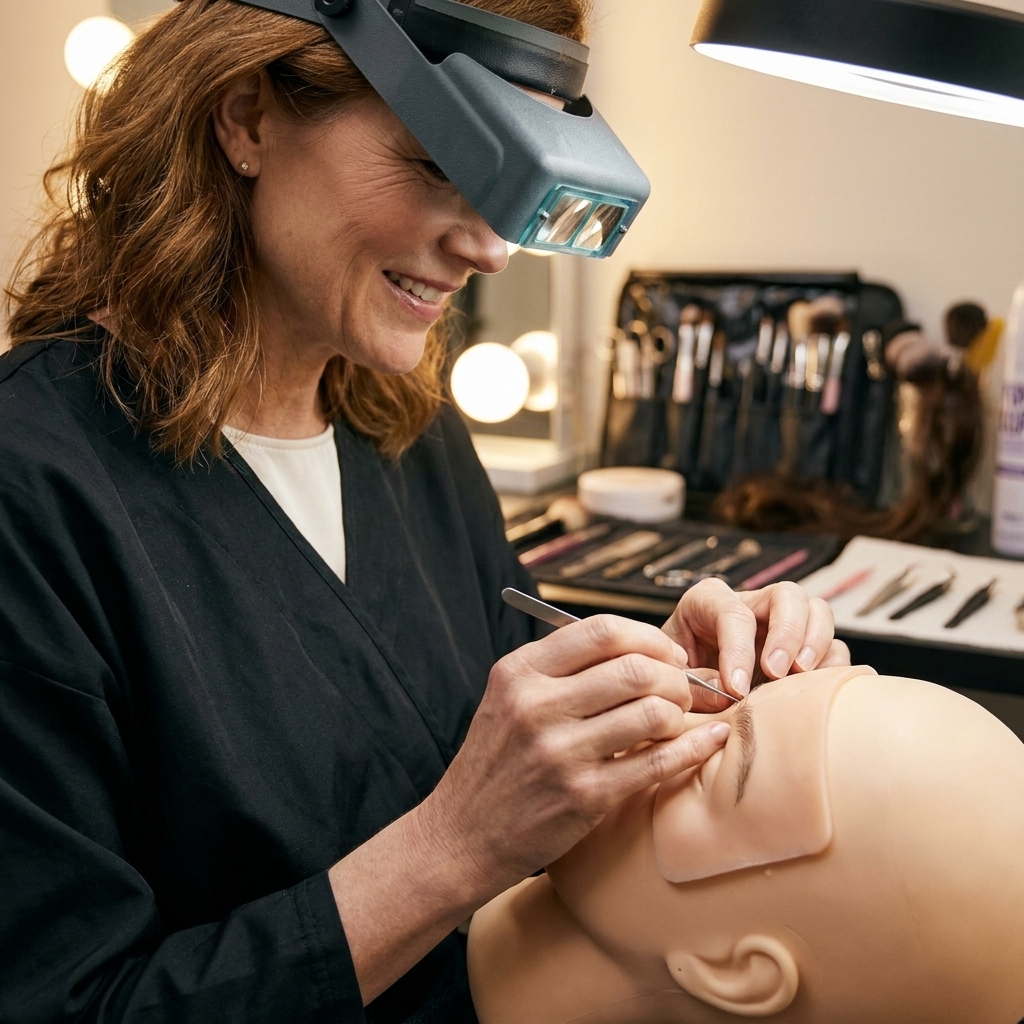 A makeup artist using a small needle tool to punch individual hairs into a silicone brow piece on a mannequin head under studio lighting