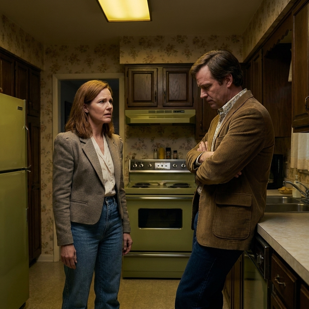 A man and woman in 1980s clothing standing in a dim suburban kitchen with period appliances and muted wallpaper, tense dramatic moment