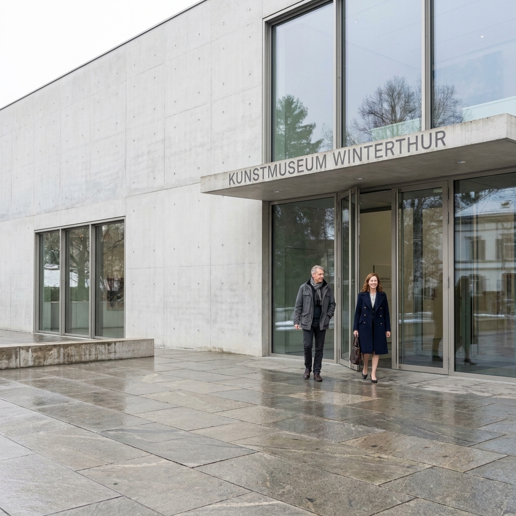 A minimalist museum building exterior in Winterthur with a clean entrance plaza and a couple of visitors approaching