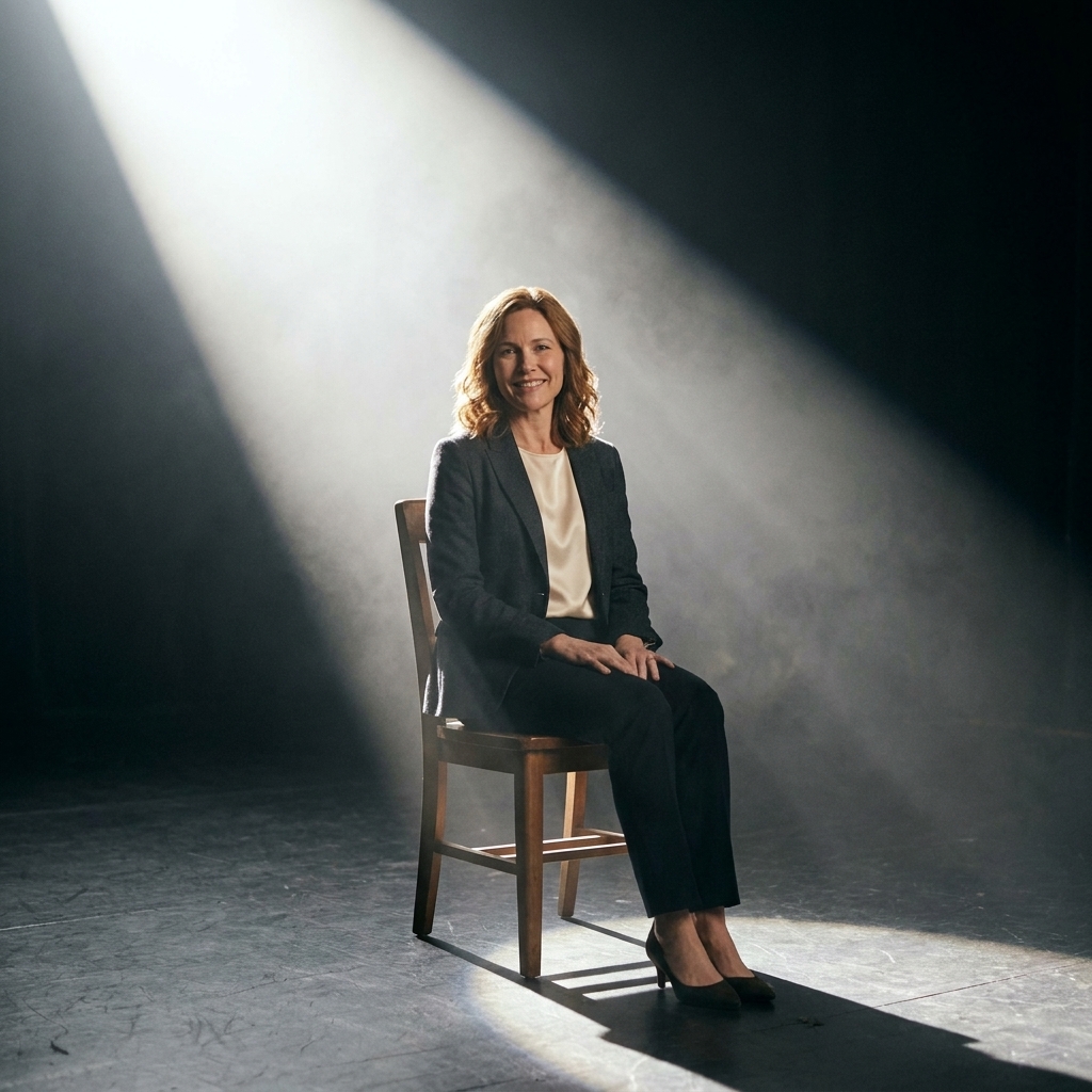A minimalist stage with a bare floor, one chair, and a strong diagonal shaft of white light cutting through haze