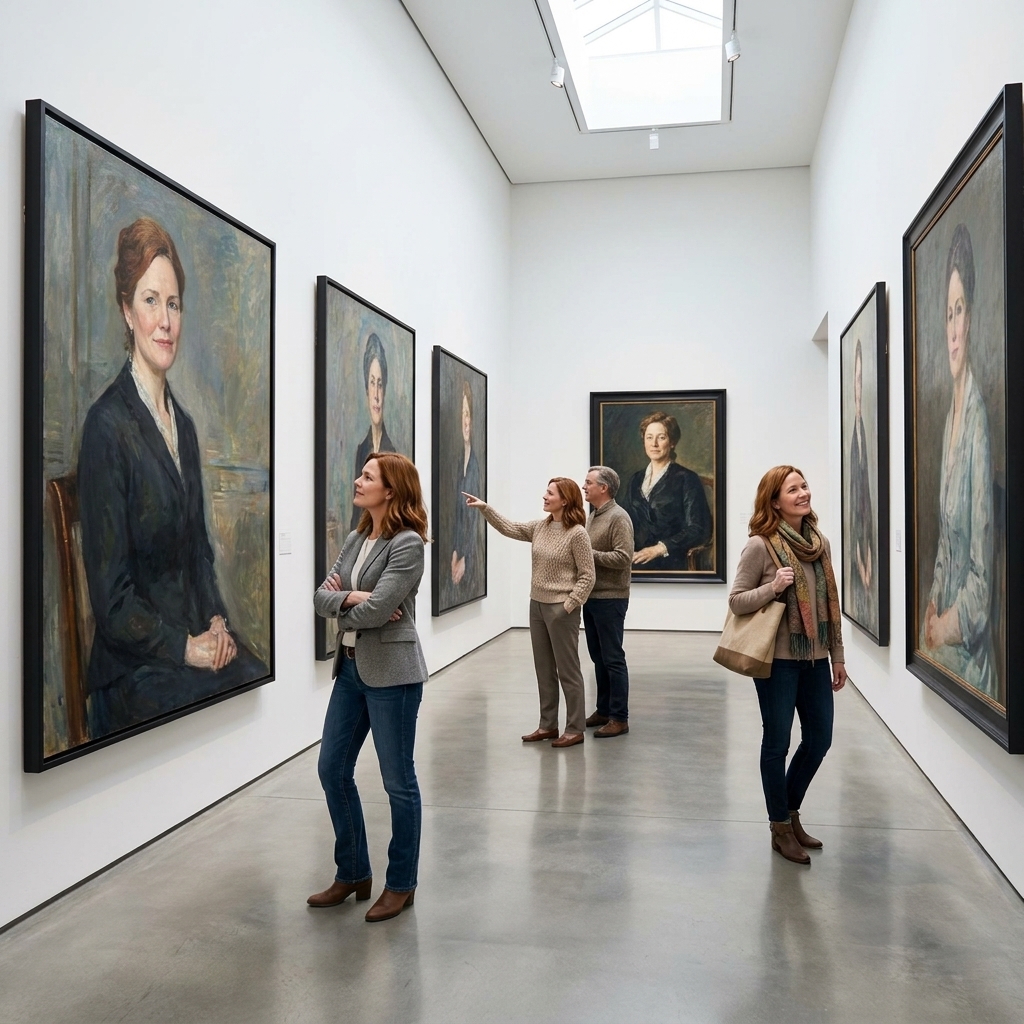 A modern museum gallery with large framed portraits spaced widely on white walls, visitors pausing in front of each work