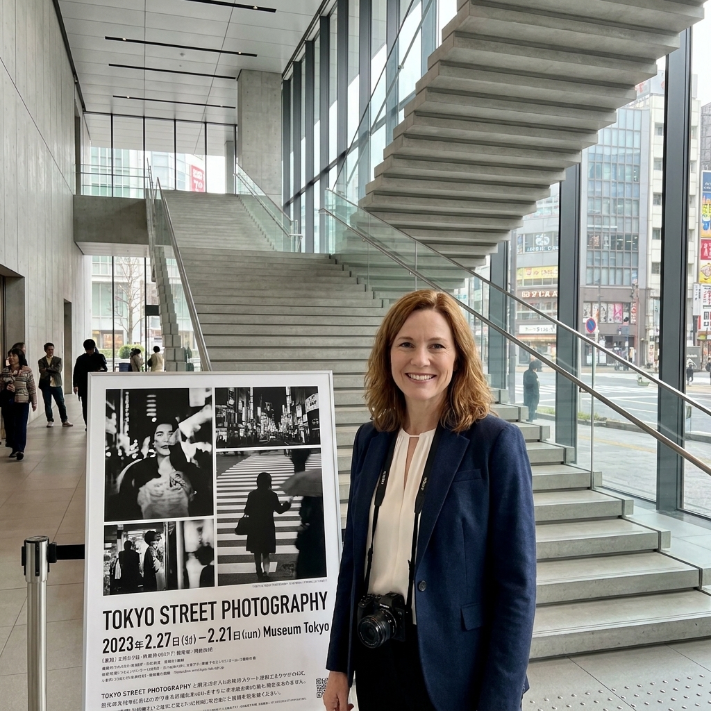 A modern museum interior in Tokyo with a wide staircase and a large photography exhibition poster near the entrance
