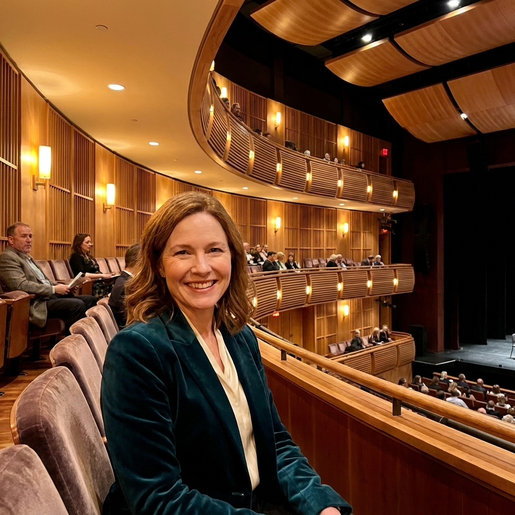 A modernized theatre auditorium with warm lighting, multiple balcony levels, and textured wall surfaces designed for sound diffusion