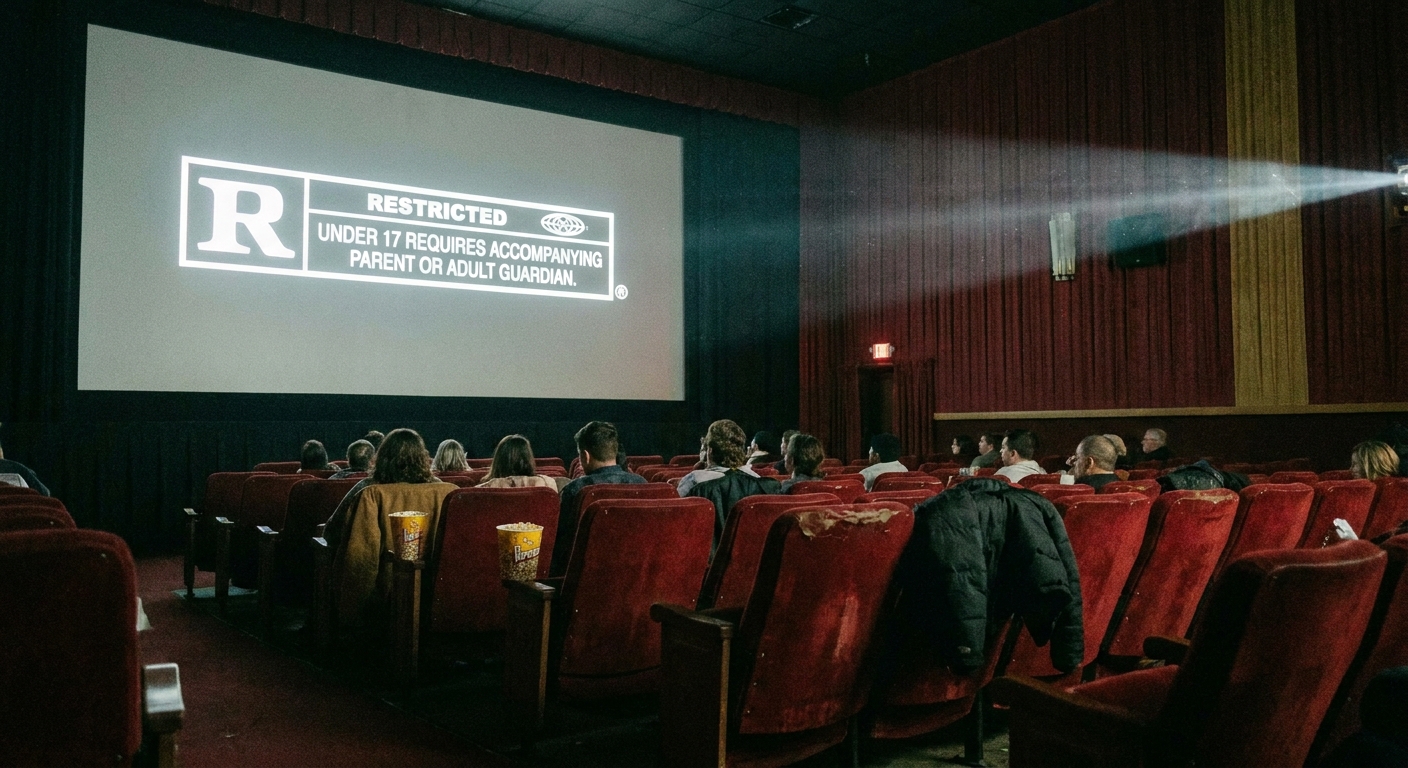 A movie theater screen shows a standard film rating card before the feature begins, with rows of seats visible in the foreground