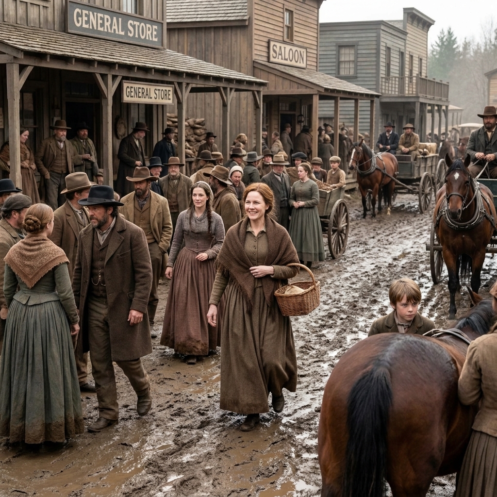 A muddy frontier street lined with wooden buildings as townspeople in 1870s clothing move past storefronts, tense and crowded with activity