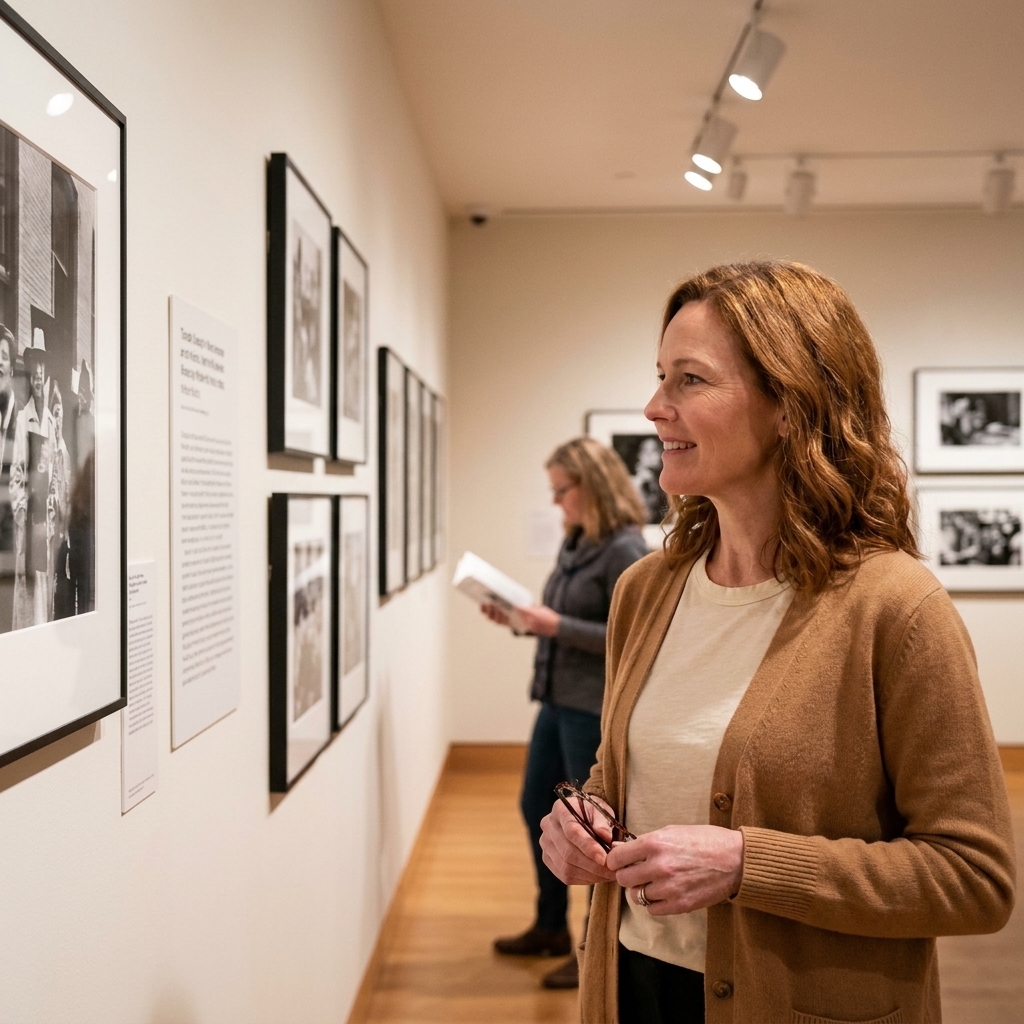 A museum gallery wall showing black and white documentary photographs installed in a careful sequence, with visitors reading wall text nearby