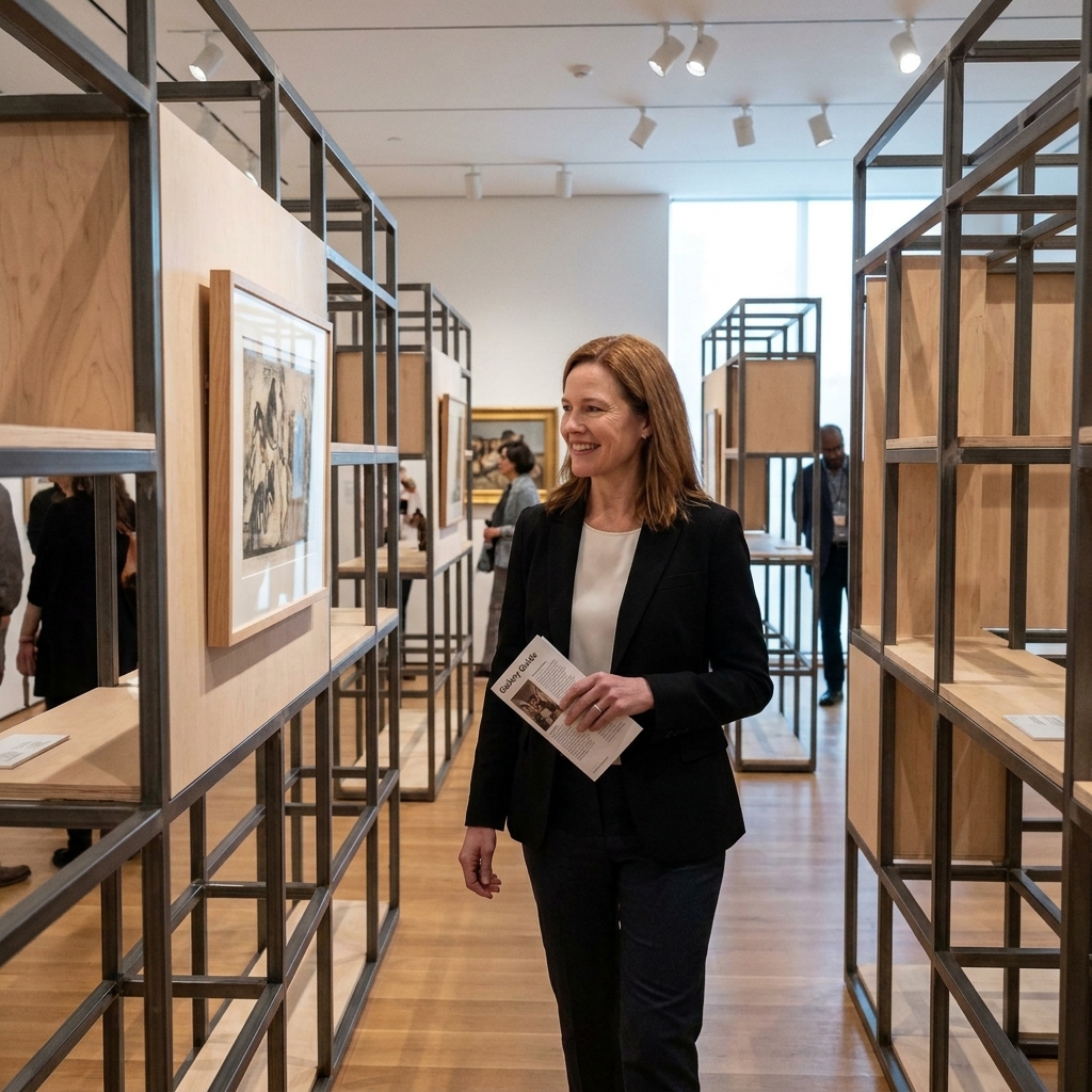 A museum gallery with modular display structures holding framed works, arranged to create pathways for viewers