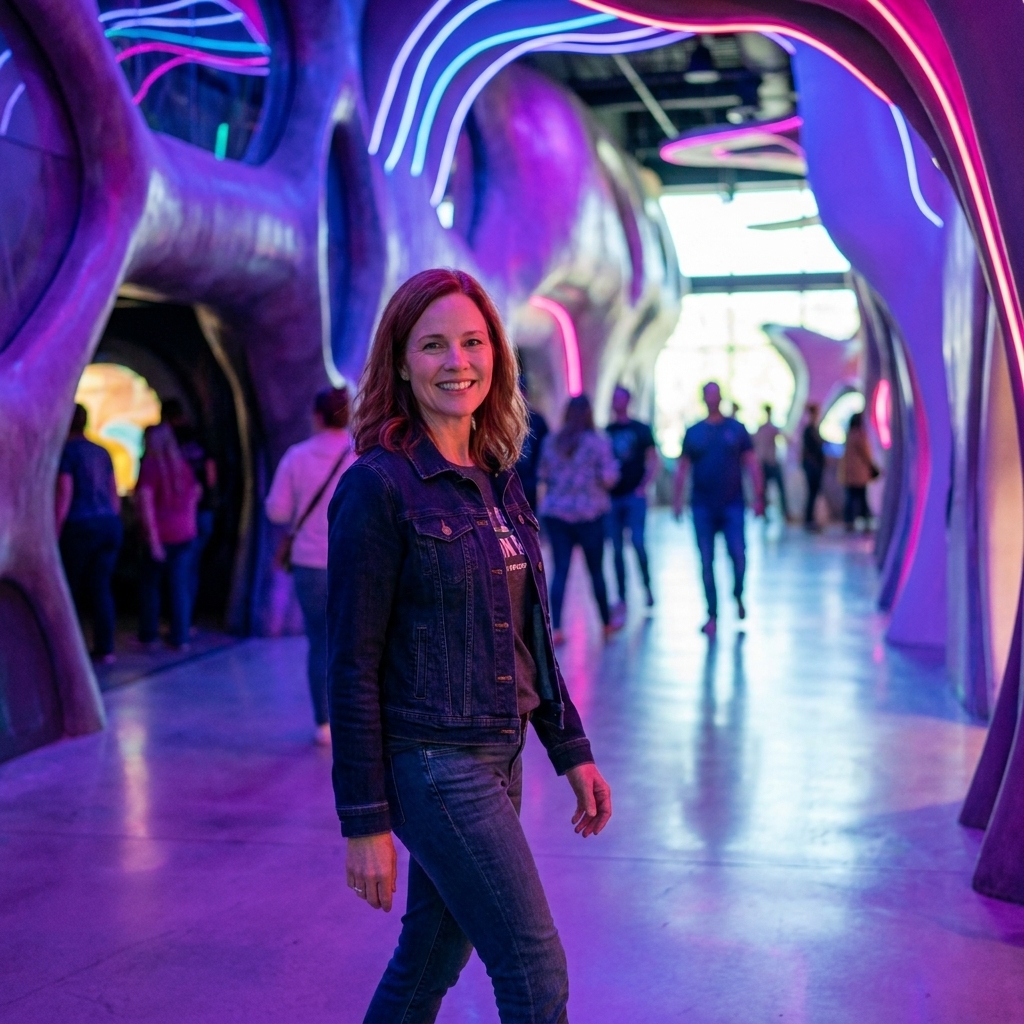 A neon-soaked interior space at Convergence Station in Denver with futuristic architecture and visitors walking across a wide corridor