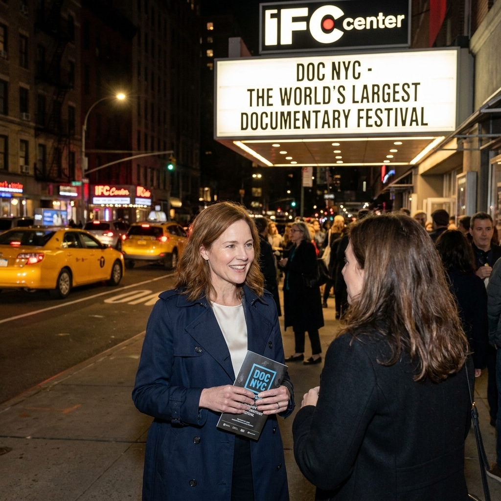 A nighttime crowd outside a Manhattan cinema during DOC NYC, with taxis passing and festival attendees gathered under marquee lights