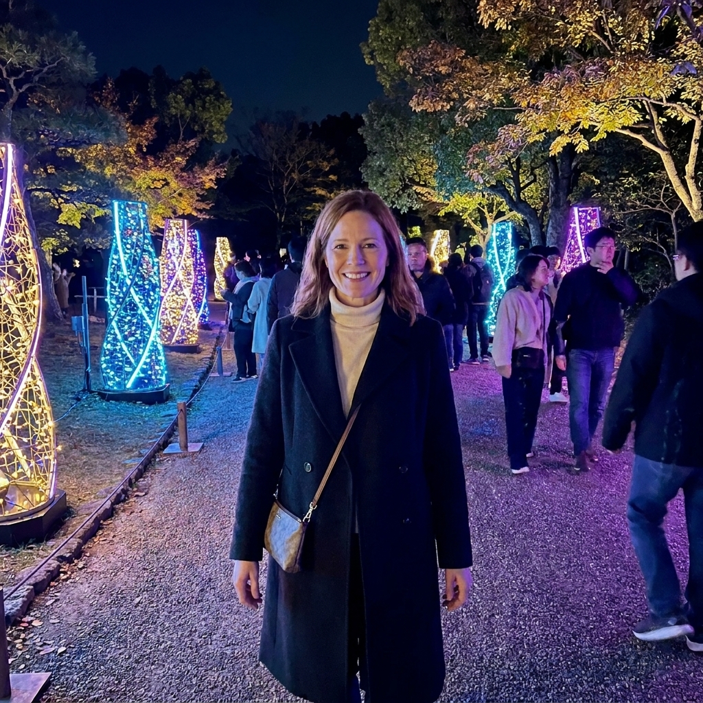 A nighttime garden path in Osaka lit by glowing interactive art installations among trees, with visitors walking through the illuminated landscape