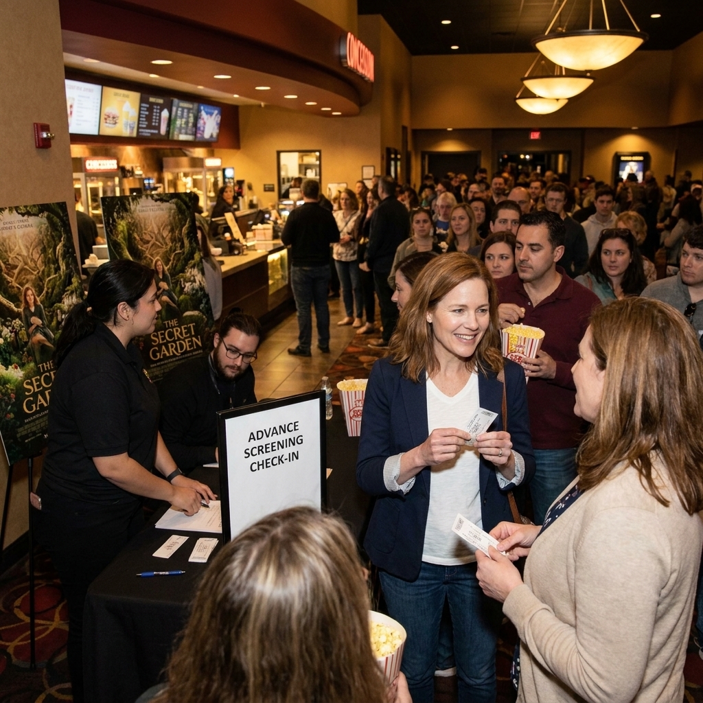 A packed movie theater lobby before an advance screening, with guests holding tickets and staff managing a check-in table near posters