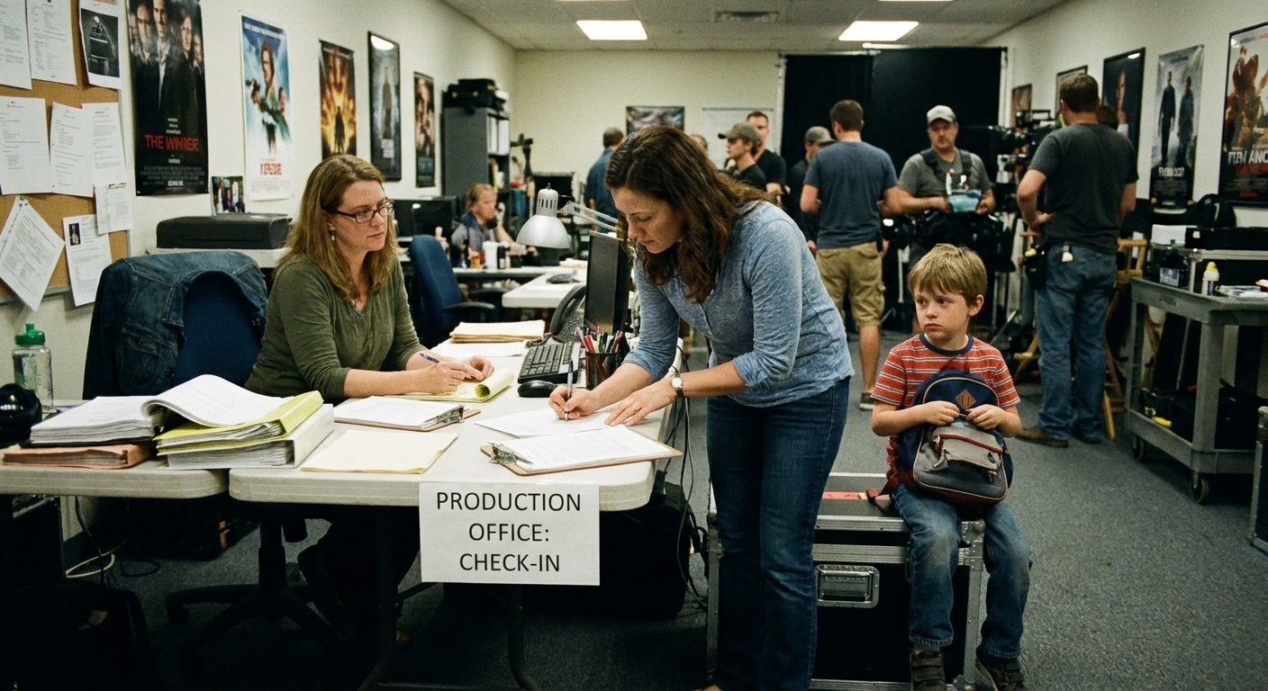 A parent checking in at a production office table with paperwork while a child waits nearby holding a small backpack