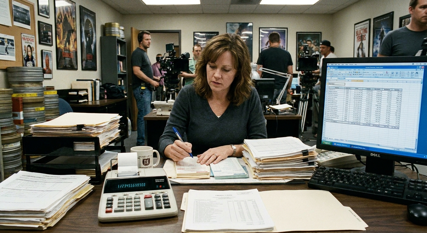 A payroll clerk at a film production office desk reviewing stacks of timecards and paperwork with a computer monitor and calculator