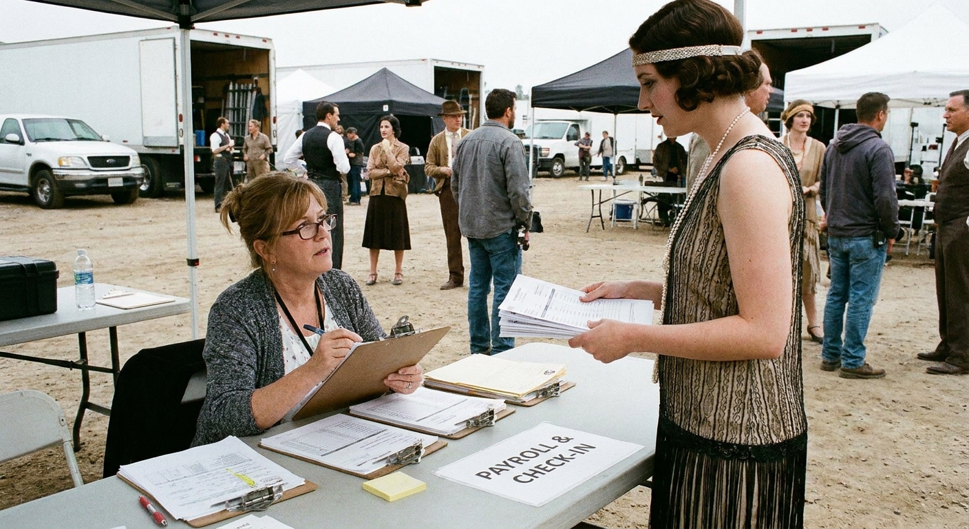 A payroll clerk at a production check-in table reviewing paperwork while a background performer hands over forms