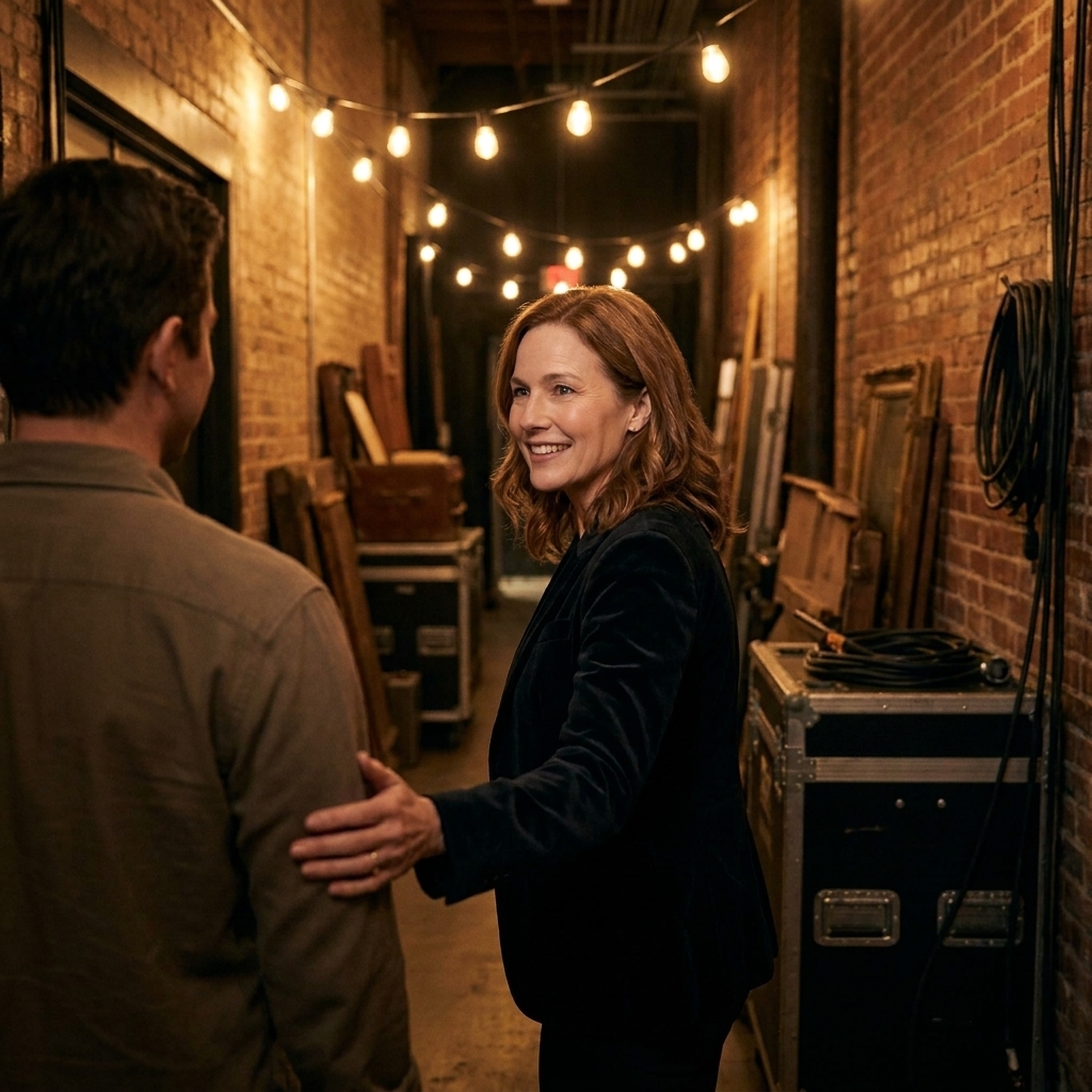 A performer guiding a single participant through a backstage corridor lit by practical bulbs, creating the sense of being ushered into a secret scene
