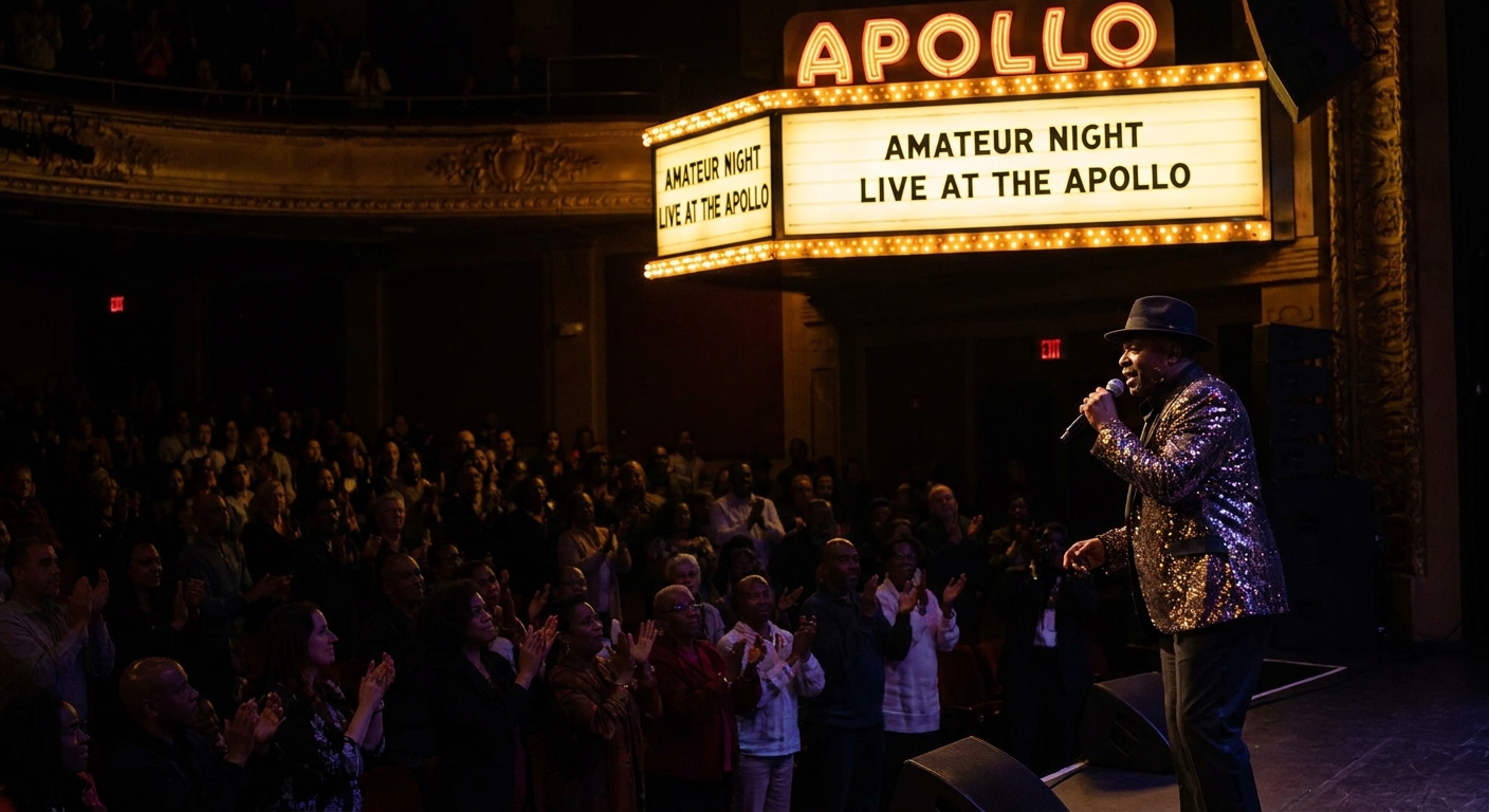 A performer onstage under the Apollo Theater marquee lighting during an Amateur Night event, with the audience visible in soft focus
