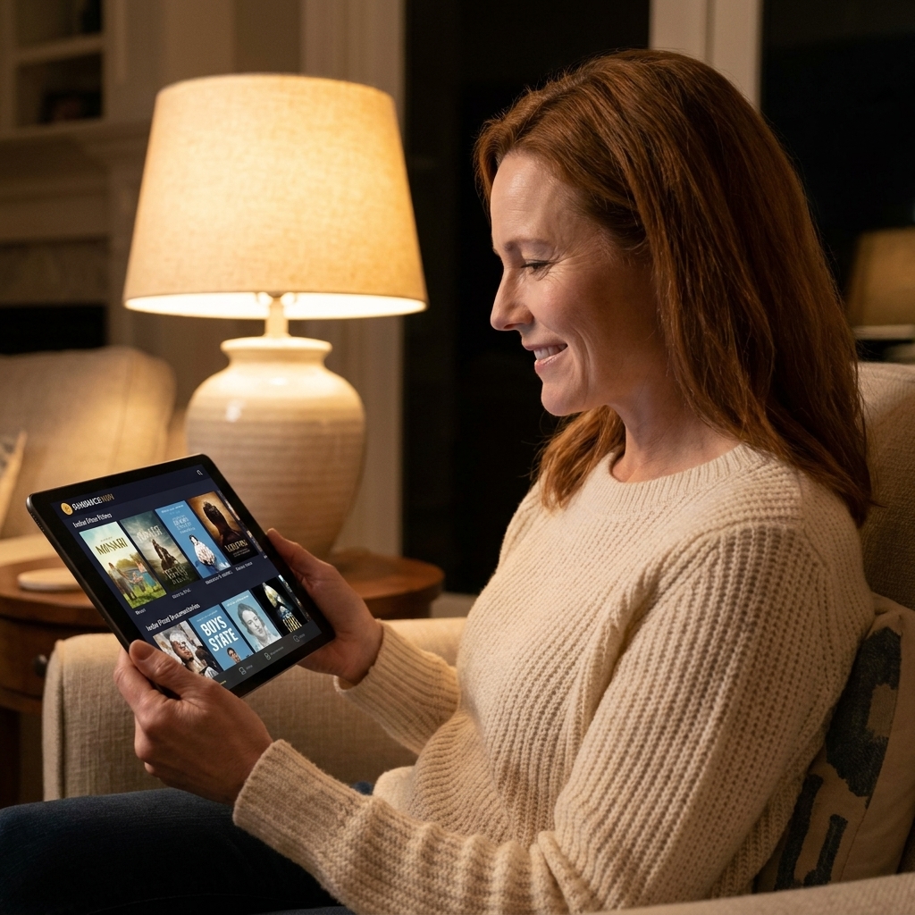 A person browsing Sundance Now on a tablet with an indie film and documentary selection visible under soft lamp light