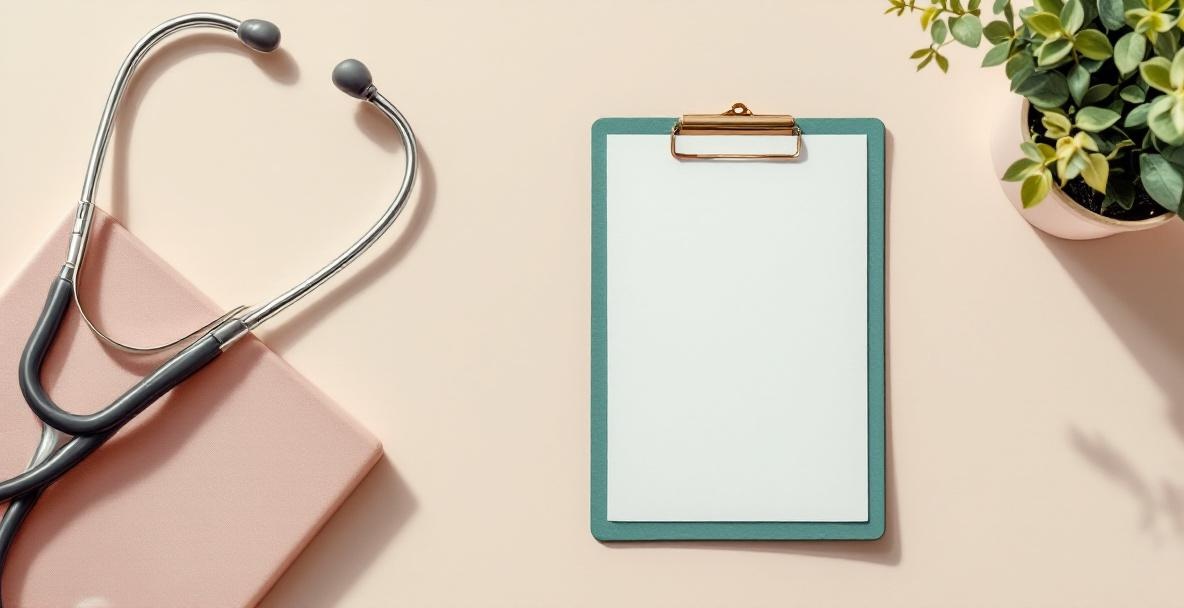 A person holding a clipboard with a medical form in a clinic waiting room, with a pen resting on the paper