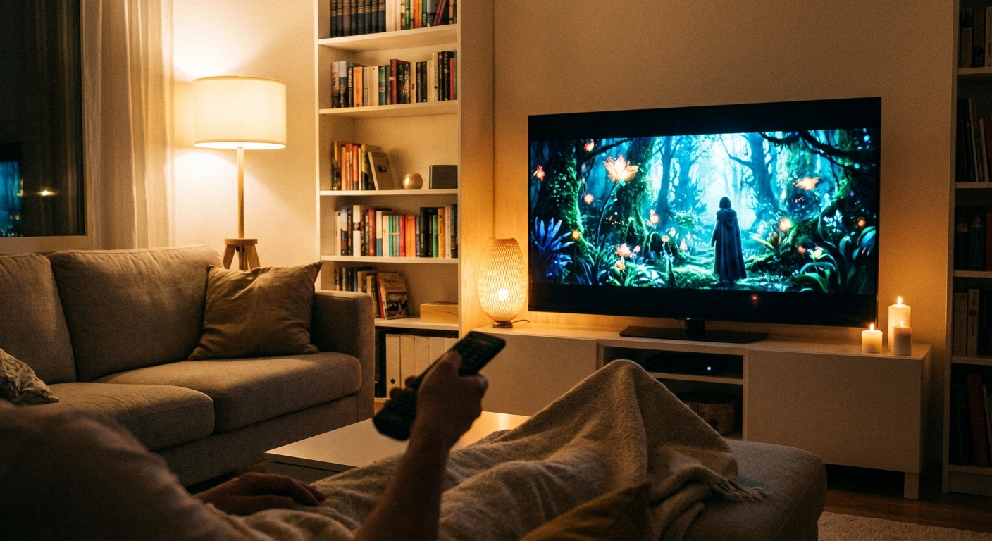 A person holding a remote in a softly lit living room while a 4K television displays a colorful film scene with high contrast
