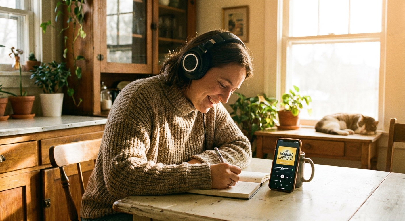 A person sitting at a kitchen table wearing over-ear headphones, a notebook open beside a phone playing a podcast, with warm morning light through a window