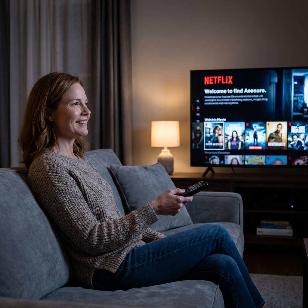 A person sitting on a couch in a dim living room holding a remote, with a streaming service homepage displayed on a large television