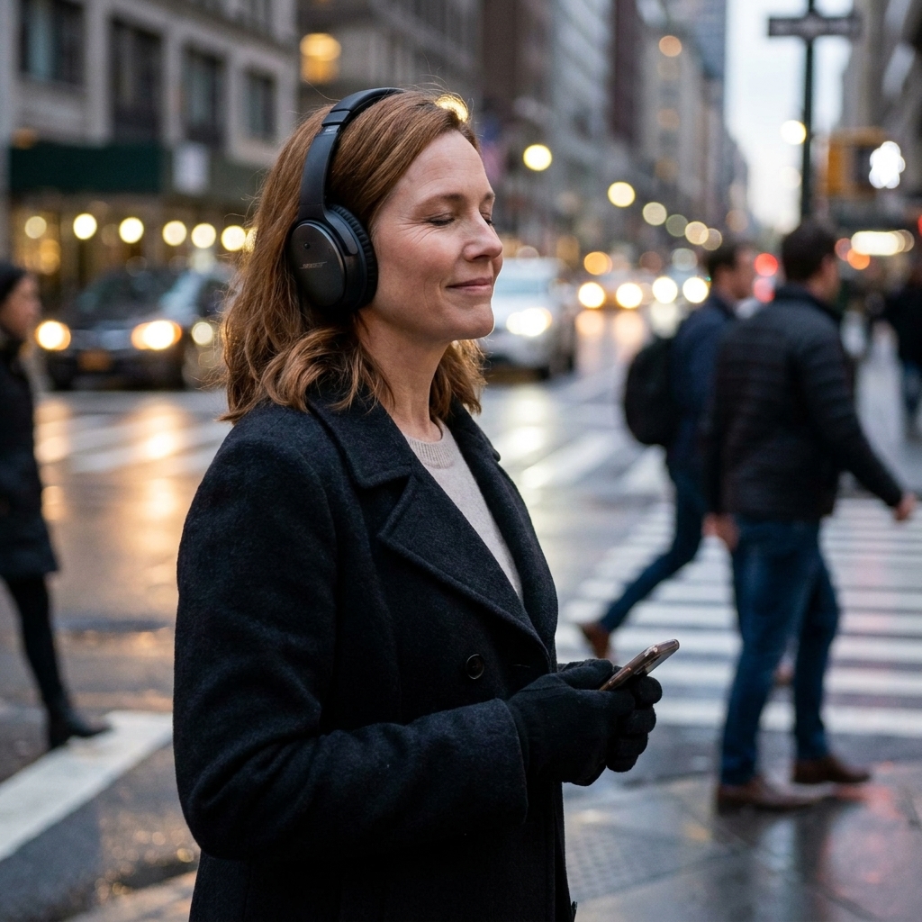 A person wearing over-ear headphones standing at a city crosswalk at dusk, listening intently while streetlights glow and pedestrians pass