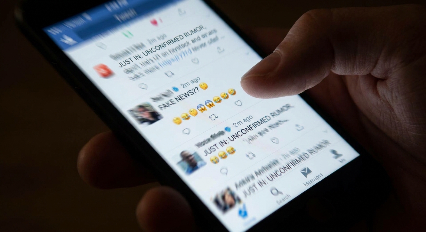 A phone screen showing a fast-moving feed of posts and replies during a breaking-news rumor cycle