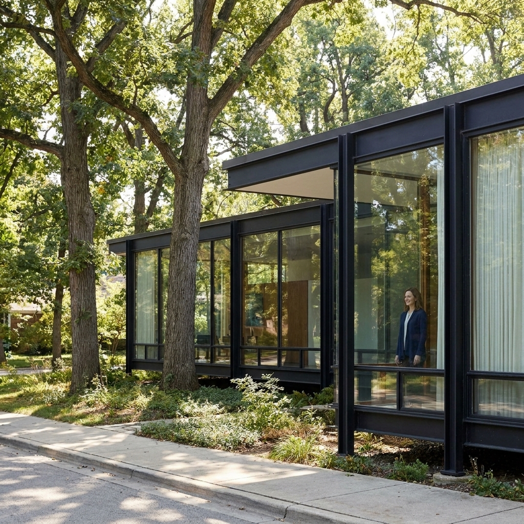 A photo taken from the street of a modernist glass-and-steel house in a wooded suburban setting in Highland Park, Illinois