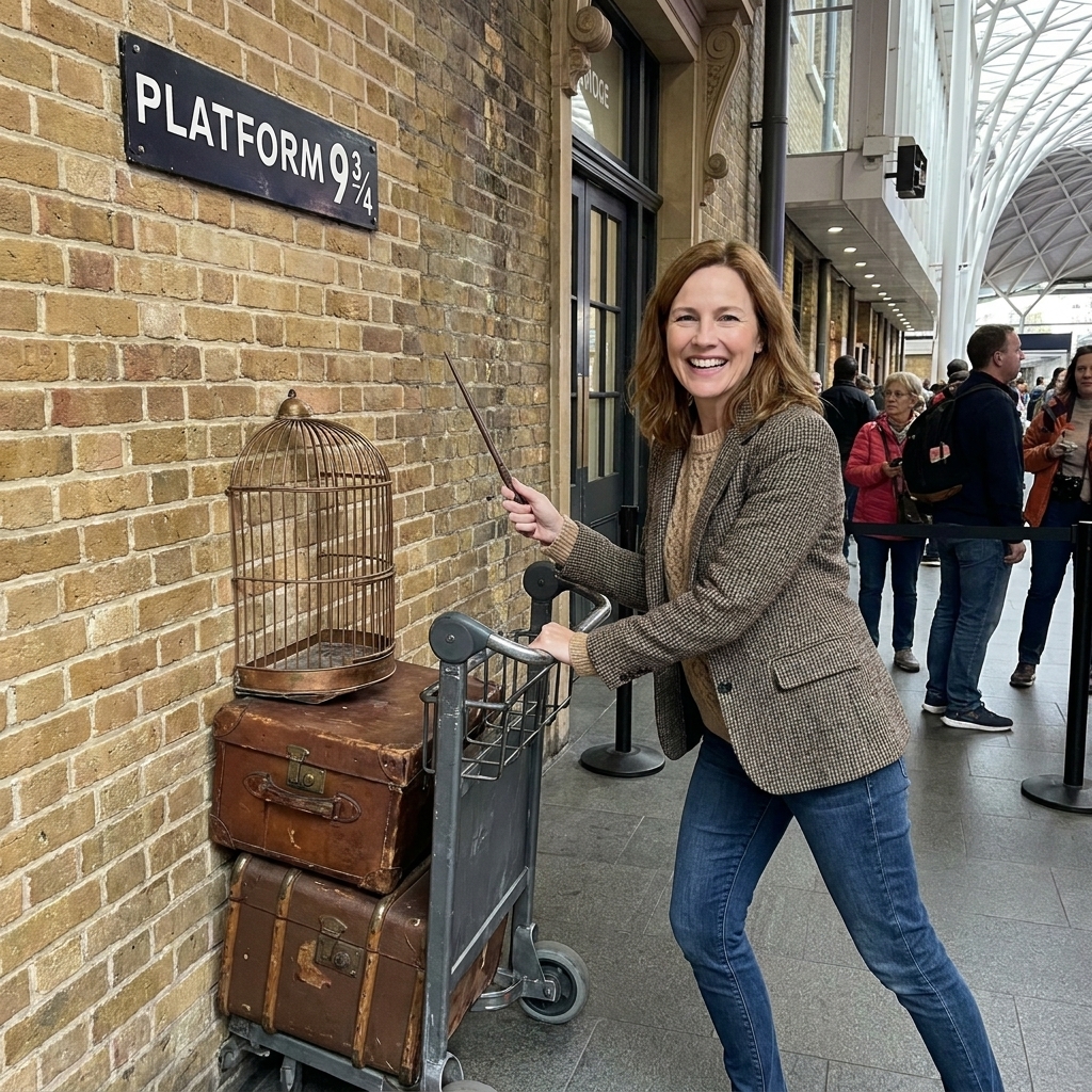 A photograph inside King’s Cross Station showing the Platform 9 3/4 photo area with a luggage trolley appearing to vanish into a brick wall