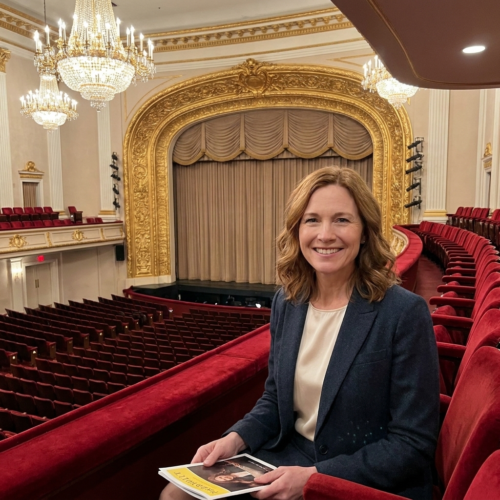 A photograph inside the Kennedy Center Opera House in Washington, D.C., showing red seating, golden chandeliers, and the stage framed by a grand proscenium