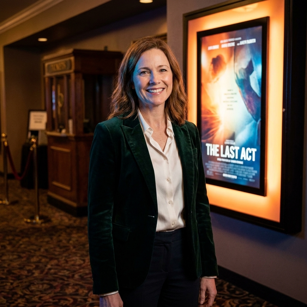 A photograph of a cinema lobby with a single large backlit movie poster display glowing against a dim interior