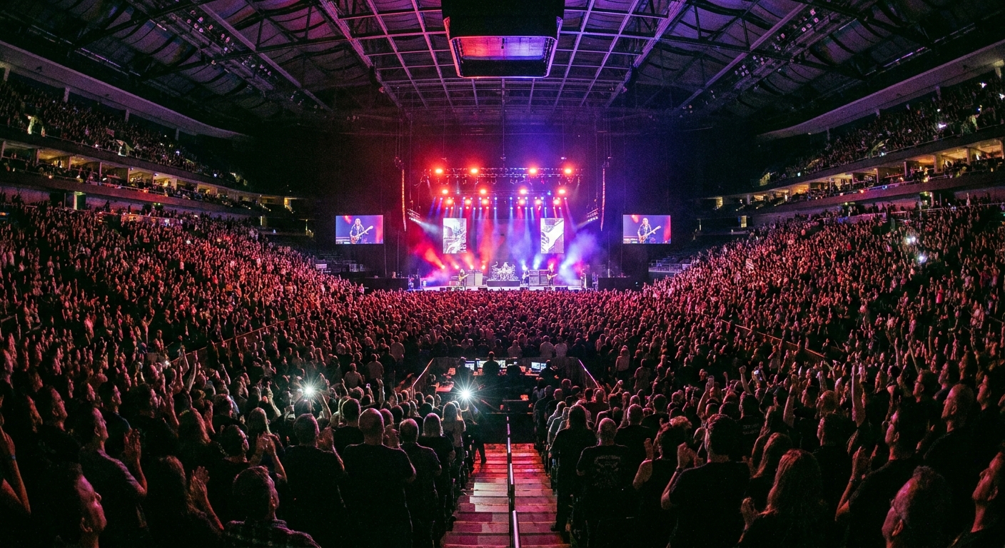 A photograph of an indoor arena during a concert with the stage at one end and fans seated in the lower bowl, showing clear sightlines toward the performance