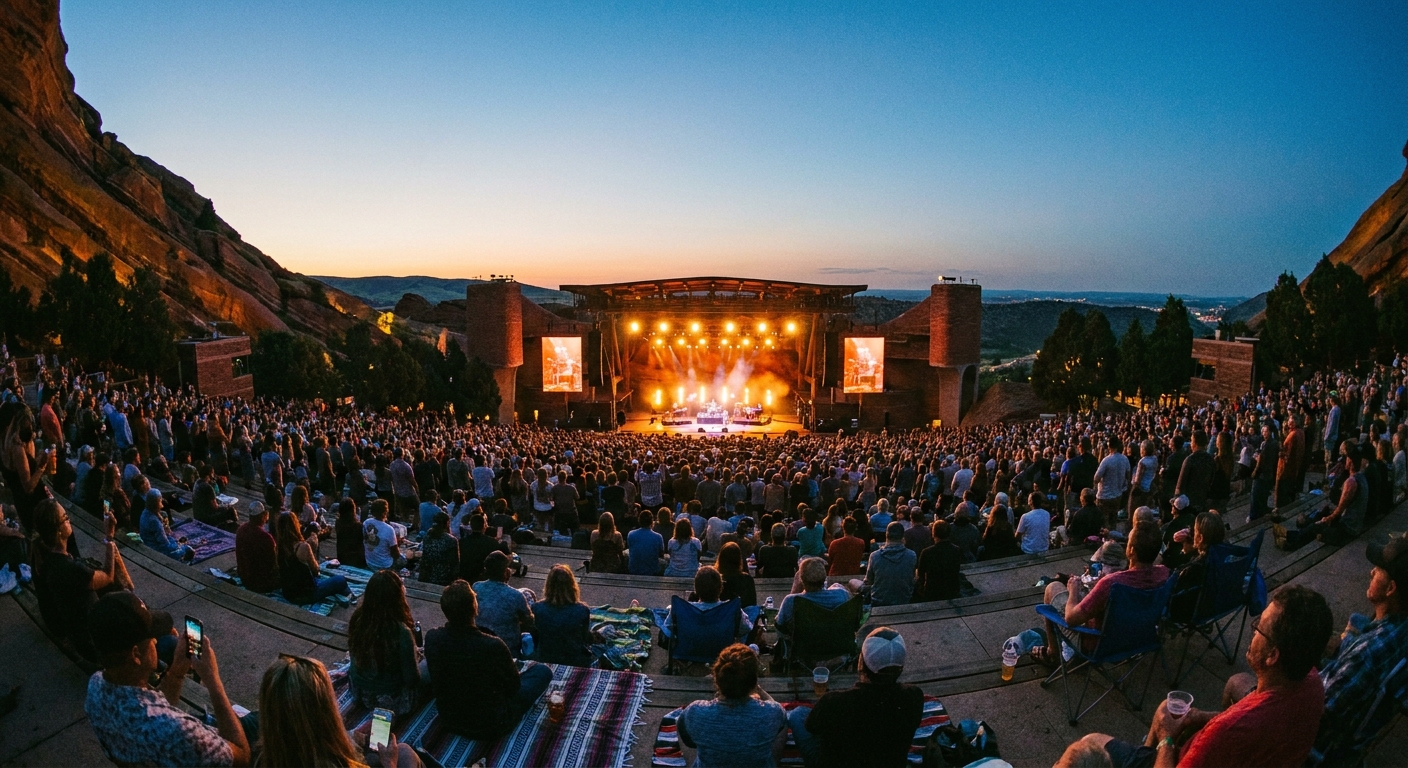 A photograph of an outdoor amphitheater during a concert at dusk, with audience members seated on the lawn facing a distant lit stage