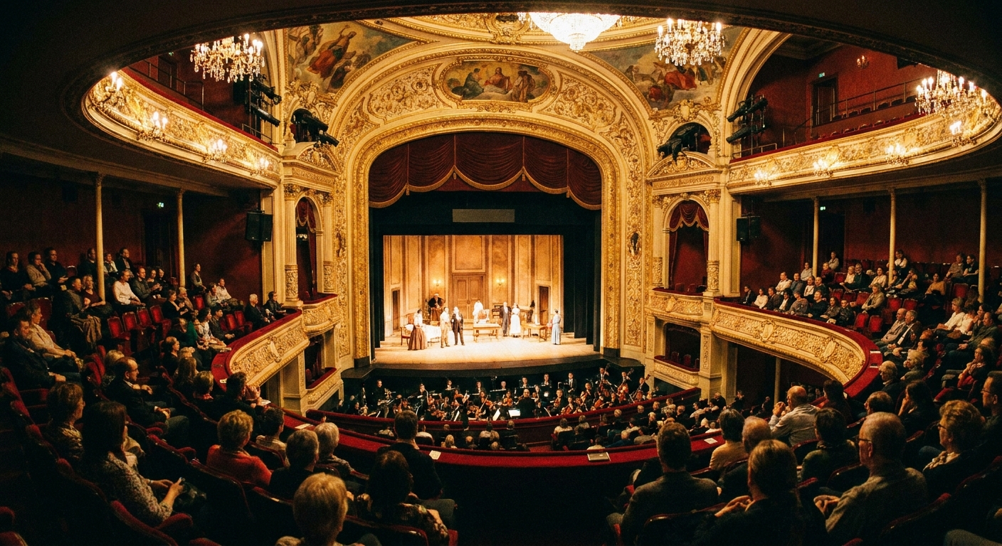 A photograph taken from a mezzanine seat looking down toward a lit stage in a traditional theater, showing the full proscenium and orchestra seating