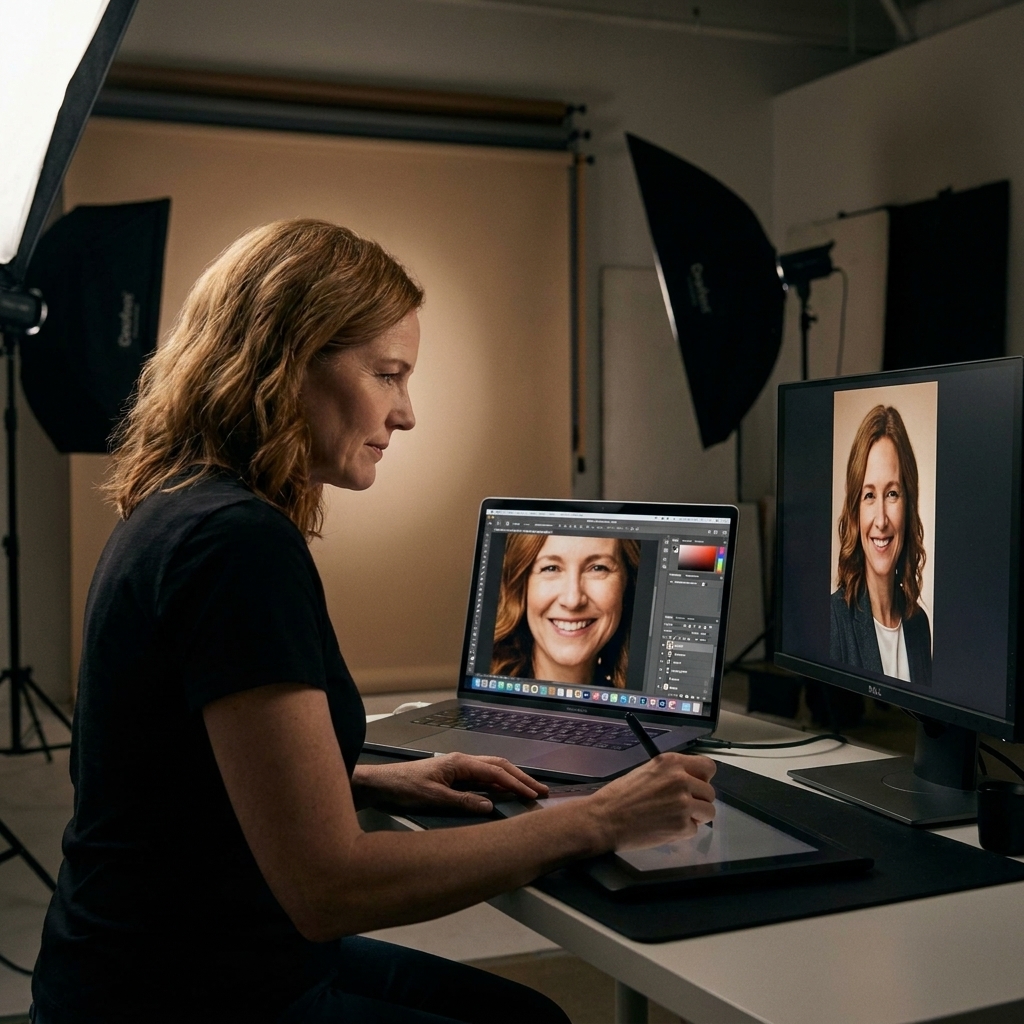 A photographer editing a headshot on a laptop in a dim studio, with a color-accurate display showing a close-up portrait and subtle retouching adjustments