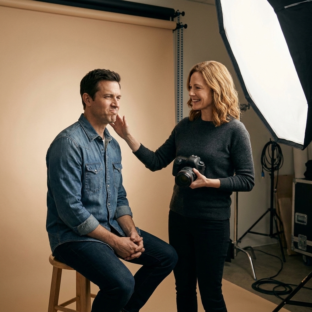 A photographer in a small studio giving gentle direction to an actor seated on a stool, with the actor adjusting posture and expression under soft key light
