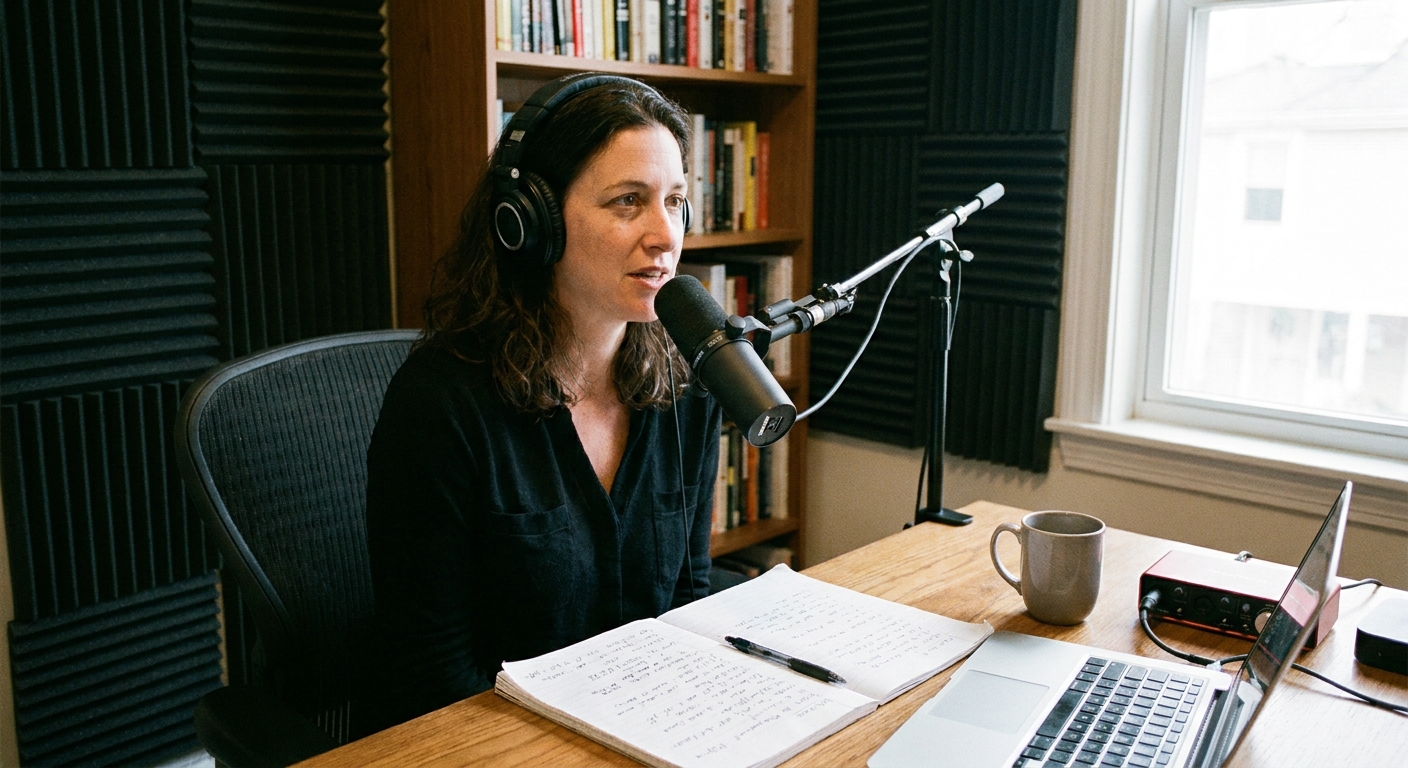 A podcast host speaking into a microphone in a quiet recording space, with headphones and notes nearby